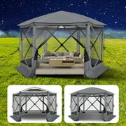 HOTEEL 12 x 12 Portable Pop-Up Outdoor Camping Gazebo, Glamping Canopy with Mosquito Nettings, Waterproof, UV, Hub Tent Instant Screened Tent Canopy Shelter with Ground Stakes \u0026 Carry Bag, Gray